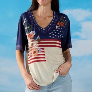 Floral Flag V-Neck Women's Top in Navy and Cream